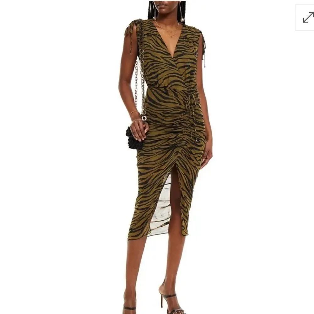 NWT VERONICA BEARD Teagan Ruched Tiger-Print Silk-Chiffon Midi Dress Army Green